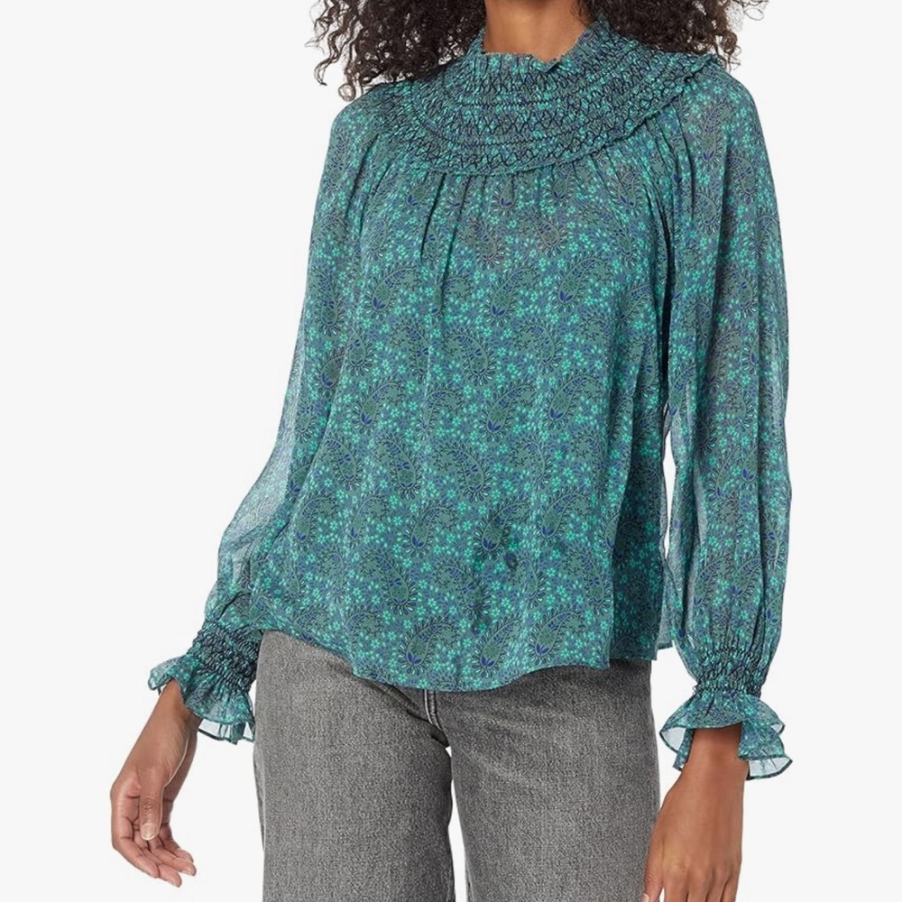 Joie “Maia” Smocked Neck Blouse – Silver Pine Multi – Size L – NWT